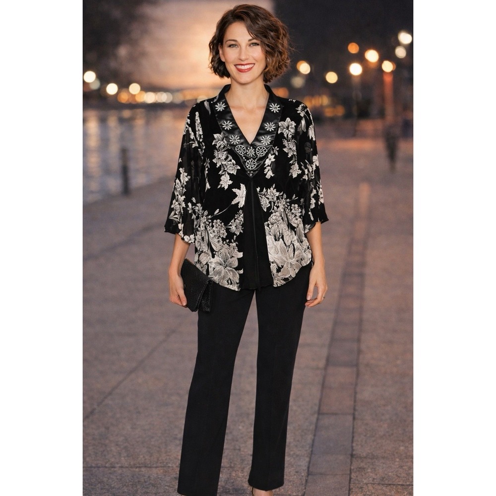 Appointments Blouse 1X Blk Wh Lined Mesh floral 3/4 Sl  V Neck Bead Embellish